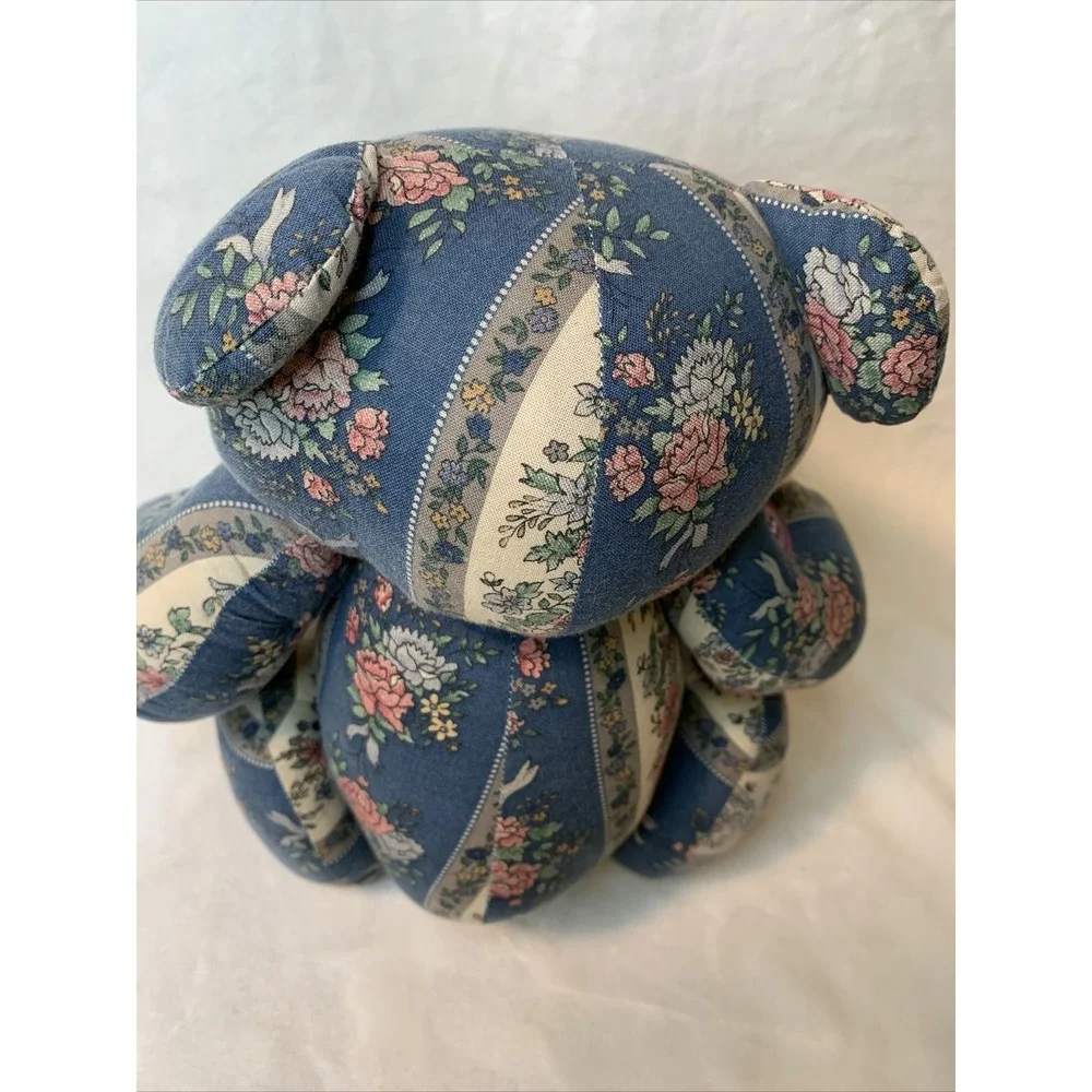 Vintage Patchwork Teddy Bear Stuffed Plush Floral Jointed Poseable Quilt Button - Picture 10 of 12